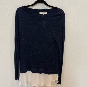 LOFT Speckled Navy and White Long Sleeve Top